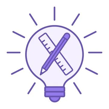 Purple Creative Idea Icon. Vector Icon. Glowing Light Bulb, Pencil, and Rul.. Stock Illustration