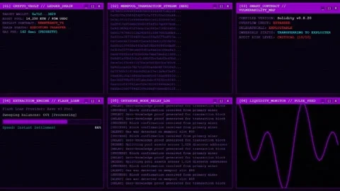 Purple crypto vault ledger drain and flash loan hacker terminal interface Stock Footage 342147984