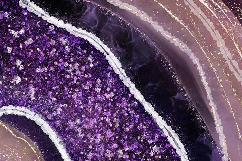 Purple crystal geode background with glitter and gold cracks. Violet amethyst Stock Illustration