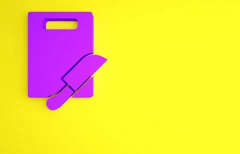Purple Cutting board and knife icon isolated on yellow background. Chopping B Stock Illustration