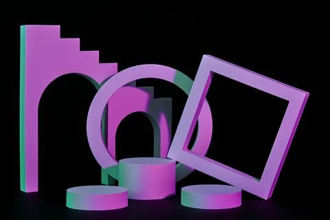 Purple cylindrical platforms, frames and arched stairs on black background Stock-Illustration
