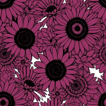 Purple daisies seamless pattern with black outline on white background, tex.. Illustrazione stock