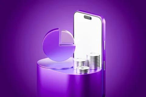 Purple data pie chart on a round pedestal for business analytics and data Illustrazione stock