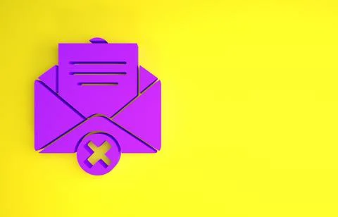 Purple Delete envelope icon isolated on yellow background. Delete or error le Stockillustratie