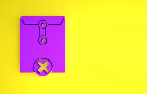 Purple Delete envelope icon isolated on yellow background. Delete or error le 스톡 일러스트