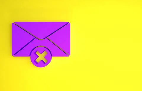 Purple Delete envelope icon isolated on yellow background. Delete or error le 스톡 일러스트