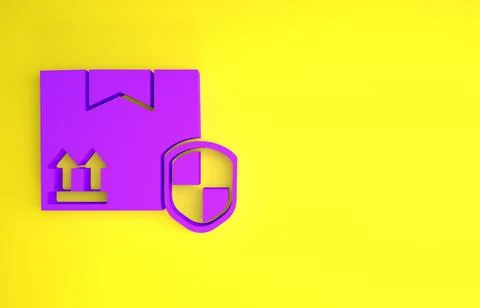 Purple Delivery pack security with shield icon isolated on yellow background. 스톡 일러스트