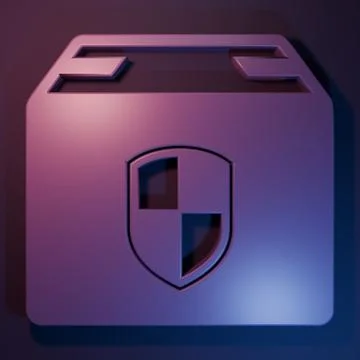 Purple Delivery pack security symbol with shield icon isolated on purple-bl.. Stock Illustration