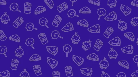 Purple dessert pattern background with doodle icons pizza donut cupcake lollipop 库存影片 331416604