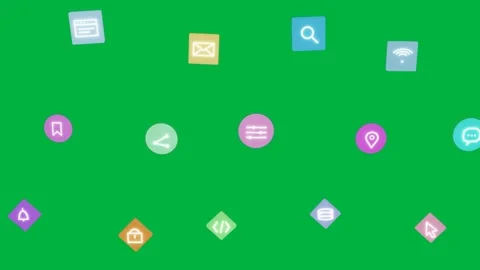 Purple diamond appearing, icons spawning, forming UI menu, then exiting on Stock Footage 334726968