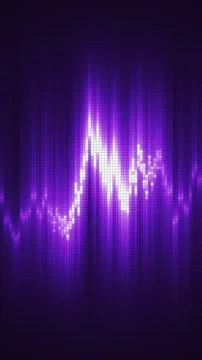 Purple digital audio waveform made of glowing pixels, symbolizing sound, mu.. Illustrazione stock