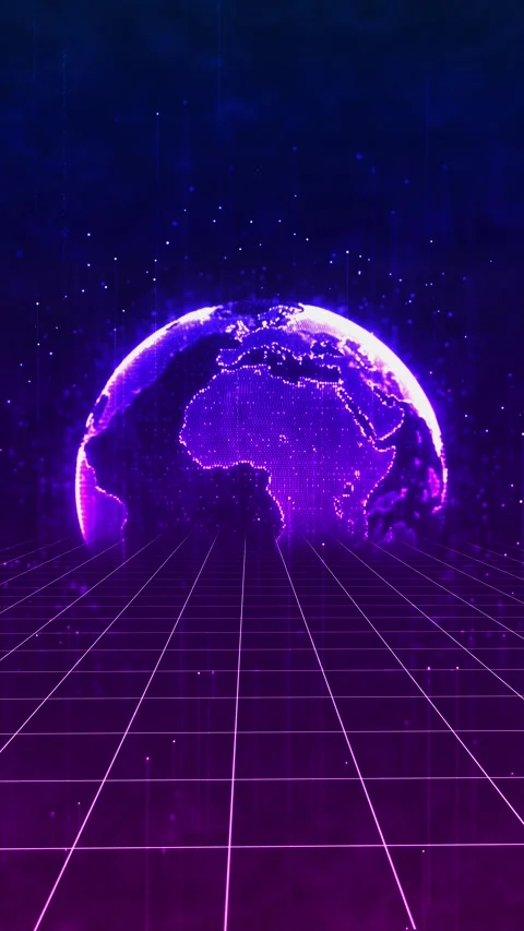Purple digital globe grid glowing Earth sphere, neon perspective floor, falling Stock Footage 340568694