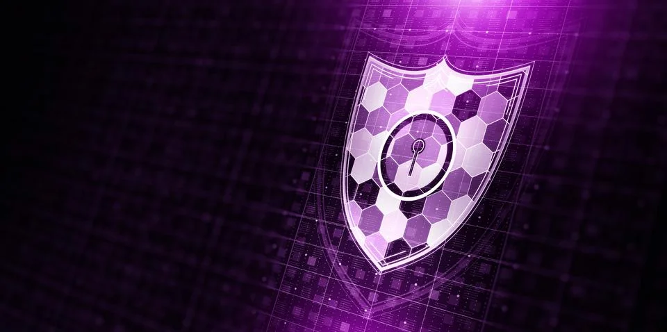 Purple digital shield with encryption pattern and cyber lock icon on futuri.. Stock Illustration