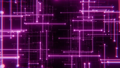 Purple digital space made of glowing patterns with neon light lines Stock Footage 307522068