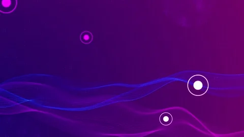 Purple digital wave background flowing blue lines, circle nodes, dotted map text Stock Footage 340399823