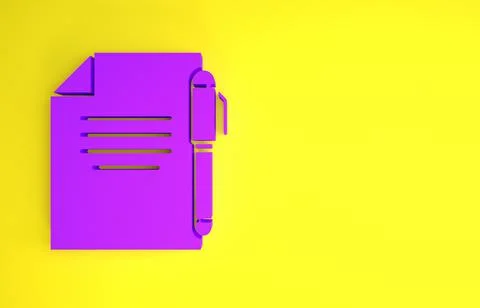 Purple Document and pen icon isolated on yellow background. File icon. Checkl Stock Illustration