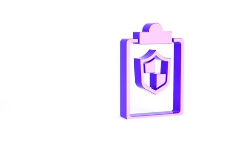Purple Document with shield icon isolated on white background. Insurance conc 스톡 일러스트