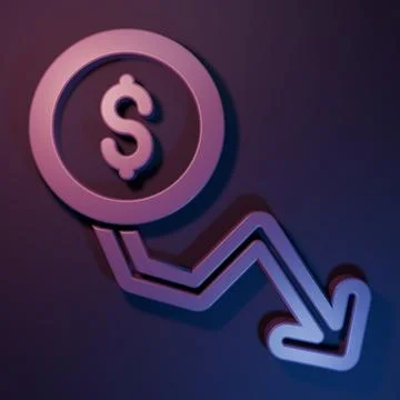 Purple Dollar rate decrease icon isolated on purple-blue background. Cost r.. Stock Illustration