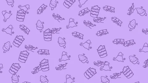 Purple doodles pattern various elements airplanes, mountains, ice cream cones Stock Footage 336435348
