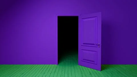 Purple door opening into darkness in empty room with green floor Stock Illustration