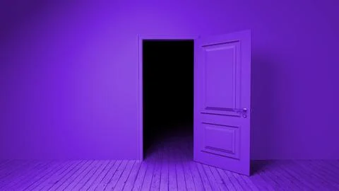 Purple door opening into darkness in empty room Ilustración de archivo