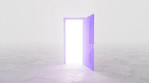 Purple door opening on white background, revealing bright light Stock Footage 310789956