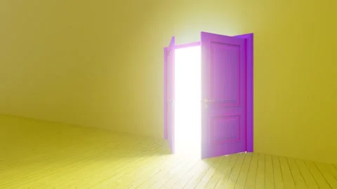 Purple door opening on white light in yellow room Stock Footage 310791842