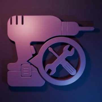 Purple Drill machine with screwdriver and wrench icon isolated on purple-bl.. Stock Illustration