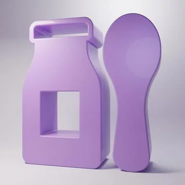 Purple Drinking yogurt in bottle with spoon icon isolated on grey backgroun.. Stock Illustration