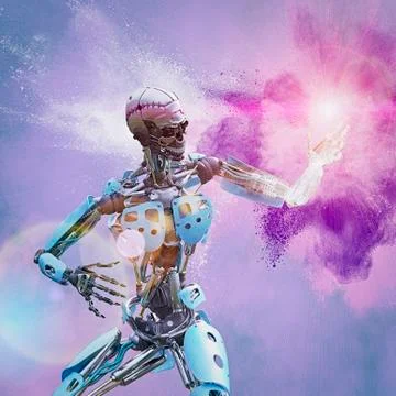 Purple dust exploding near robot Stock Illustration