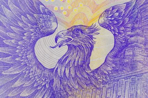 Purple Eagle Illustration with Building and Yellow Circles Stock Illustration