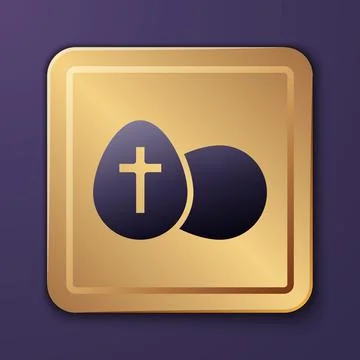 Purple Easter egg icon isolated on purple background. Happy Easter. Gold square イラスト素材