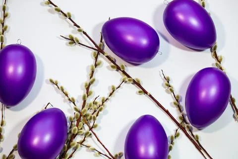 Purple easter eggs with catkins Stock Photos
