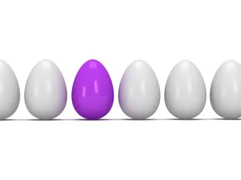 Purple egg in a row of the white eggs. 3D. Illustrazione stock