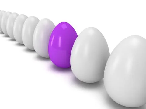Purple egg in a row of the white eggs. 3D. Illustrazione stock