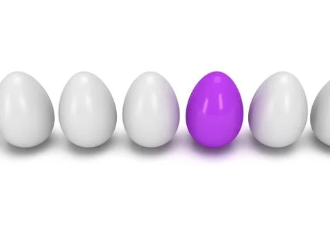 Purple egg in a row of the white eggs. 3D. Illustrazione stock