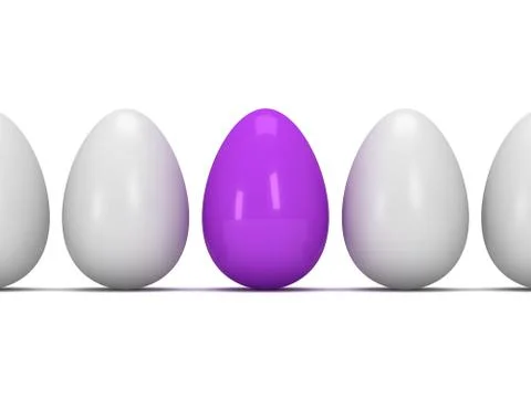 Purple egg in a row of the white eggs. 3D. Illustrazione stock