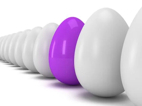 Purple egg in a row of the white eggs. 3D. Stock Illustration
