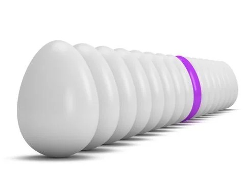 Purple egg in a row of the white eggs. 3D. Stock Illustration