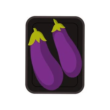 Purple eggplants in rectangular black plastic tray, top view 스톡 일러스트
