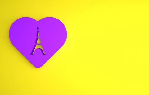 Purple Eiffel tower with heart icon isolated on yellow background. France Par Ilustração Stock
