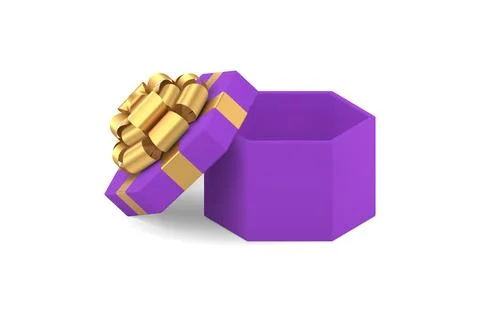 Purple elegant empty gift box with open lid and luxury golden bow ribbon 3d i Illustrazione stock