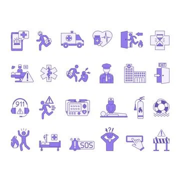 Purple Emergency Icon Set. Vector Icons: Evacuation, First Aid, Defibrillat.. Stock Illustration