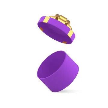 Purple empty circle gift box with open flying lid and golden bow ribbon 3d .. Stock Illustration