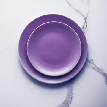 Purple empty plate on marble table background, tableware decor for breakfast, Stock Photos