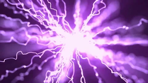 Purple energy explosion with glowing electrical lightning waves radiating from Stock Footage 345011743