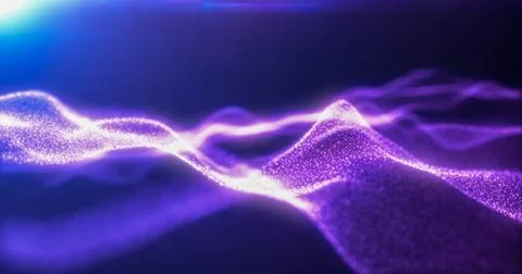 Purple energy glowing magic waves from particles of lines with light rays. .. Stock Illustration