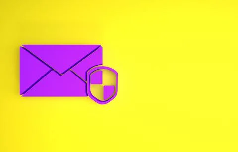 Purple Envelope with shield icon isolated on yellow background. Insurance con Stock Illustration