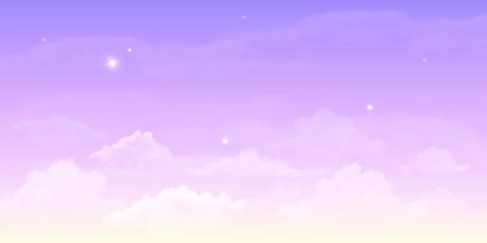 Purple evening sky vector background, realistic cloudscape with fluffy clouds Illustrazione stock