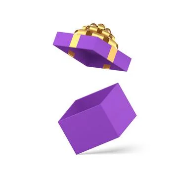 Purple expensive empty gift box with open cap and golden bow ribbon 3d icon.. Stockillustratie